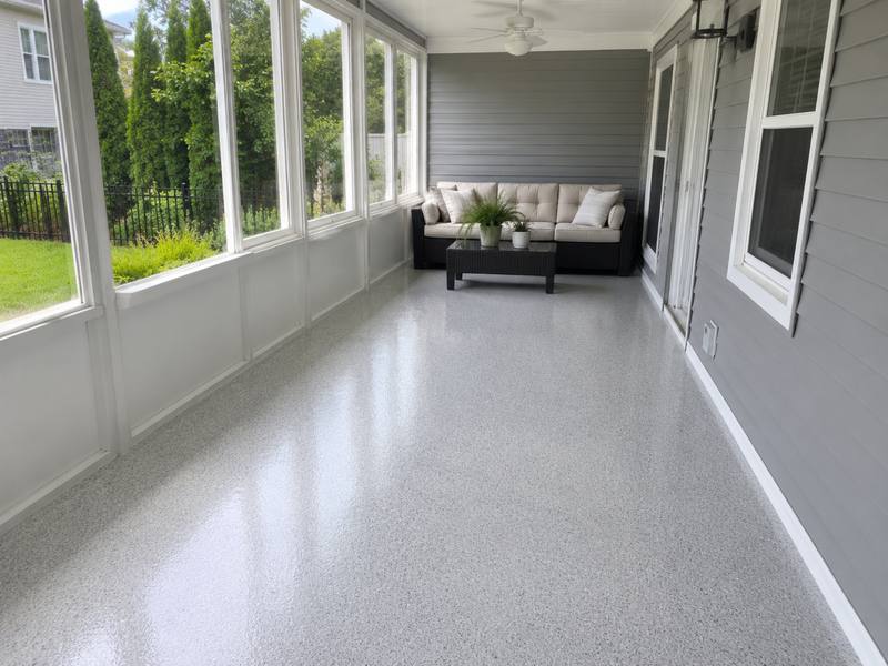 Enclosed porch floor finished in a light grey flake coating by Cape Breton Epoxy Flooring
