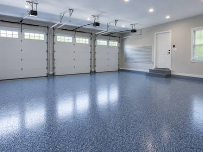 Blue flake garage floor with a high gloss top coat