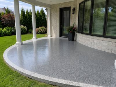 Curved front porch slab coated and sealed to the edge