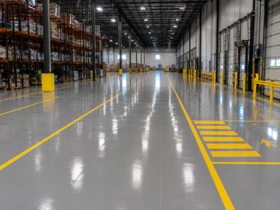 Warehouse coating with yellow aisle lines and a pedestrian crossing