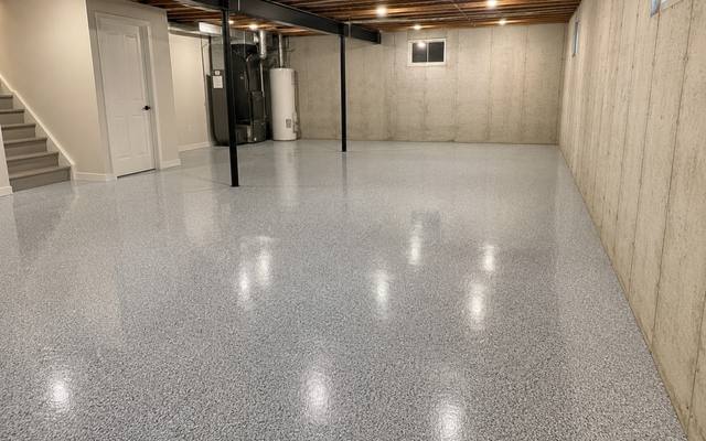 Grey flake coating across a basement slab beside the furnace and water heater