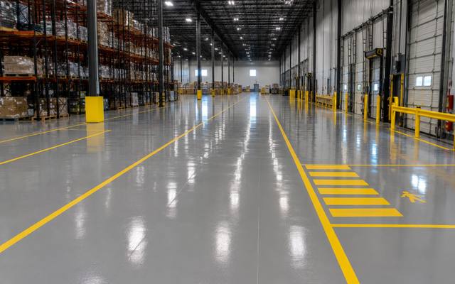 Warehouse floor coating with yellow aisle lines and a marked pedestrian crossing