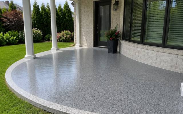 Curved front porch slab in Cape Breton sealed to the edge with a grey flake concrete coating