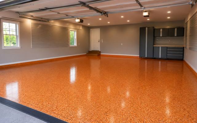 Orange flake floor finished with a gloss polyaspartic top coat in a double garage